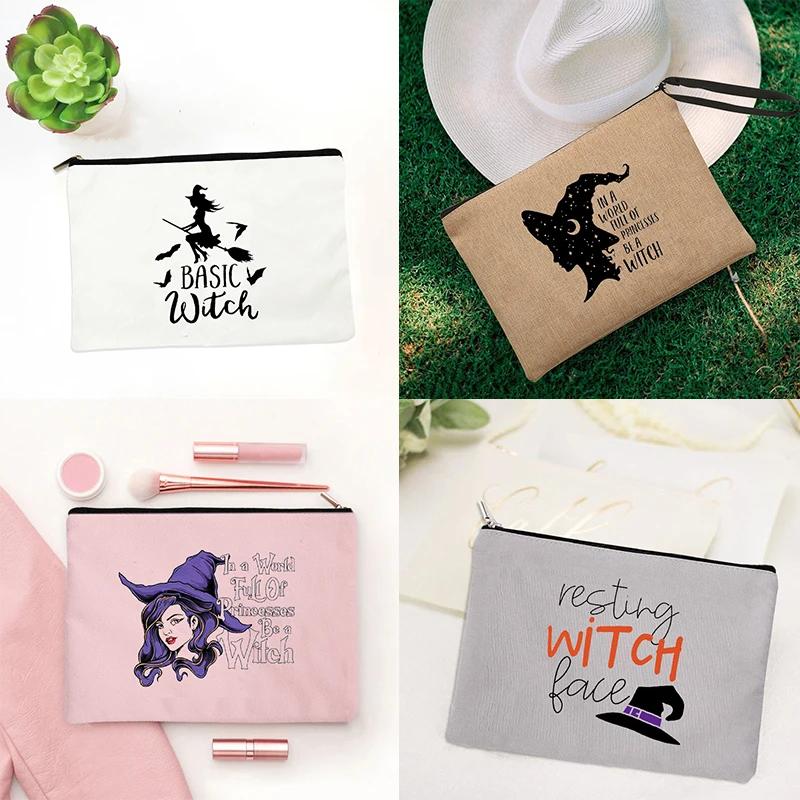Witch Print Canvas Zipper Makeup Bag Witchcraft Women Travel Lipstick Bag Skincare Storage Organizer Pencil Case Cosmetics Bags