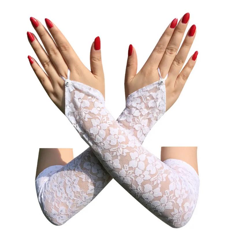 Sexy, fingerlose Handschuhe mit Blumenmuster für Damen, dehnbar, lang, mit Hakenverschluss, glänzender Diamantspitze, Cosplay-Handschuhe