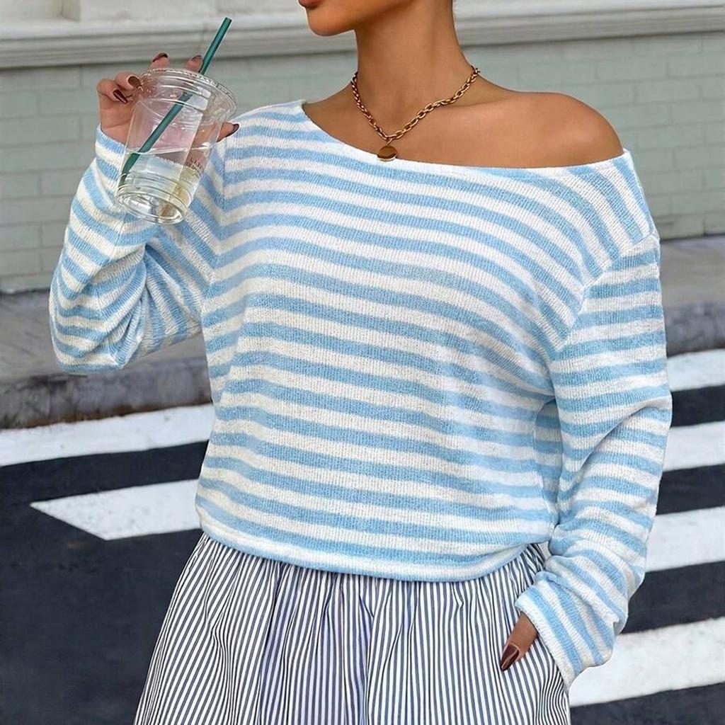 Damen Freizeit Gestreifter Strick Langarmshirt Lockerer Sitz Tief angesetzte Schultern Pullover Pullover Leichtes Weiches Stoff Oberteil für den Alltag