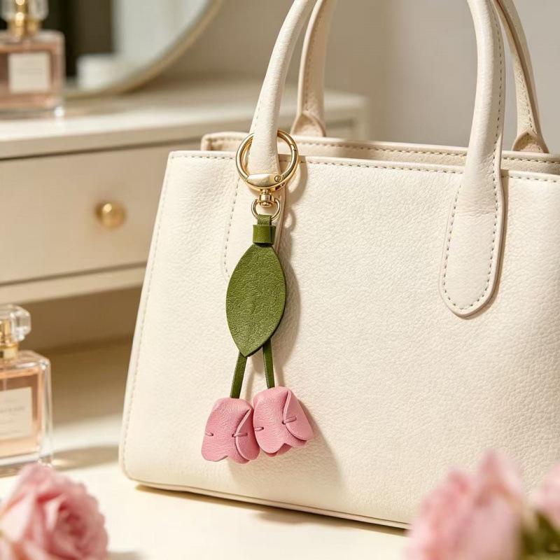 Tulip Pendant Leather Keychain - Flower Charm for Bags