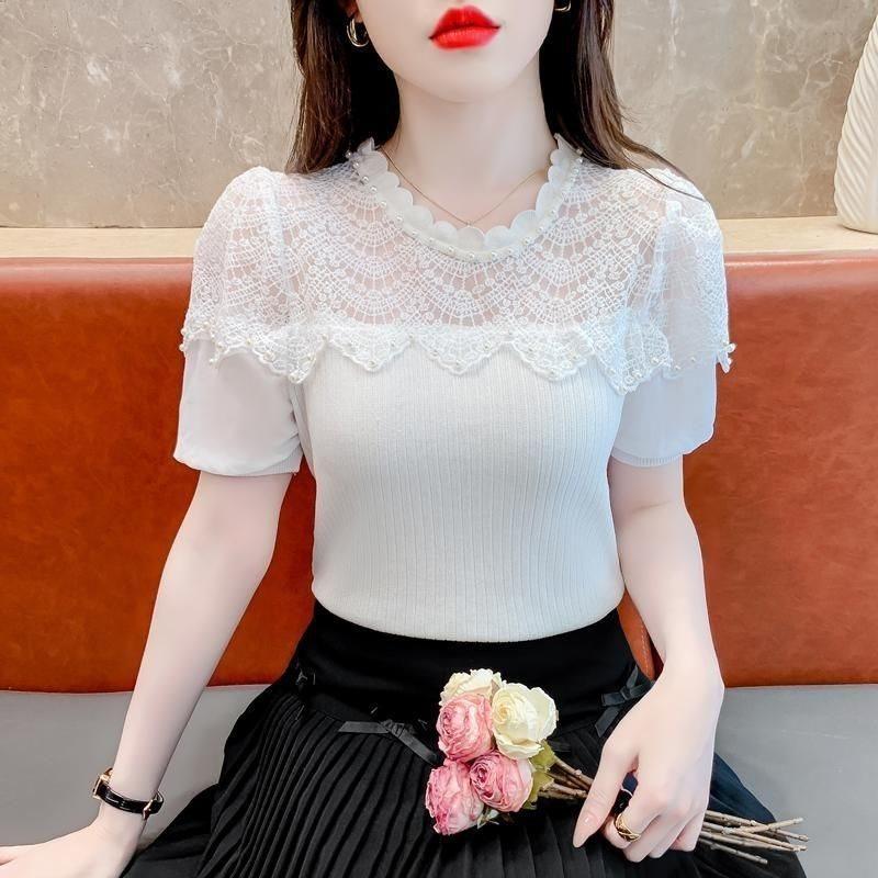 Designer Pearl Embellished Lace Spliced Chiffon Blouse For Summer Casual Wear