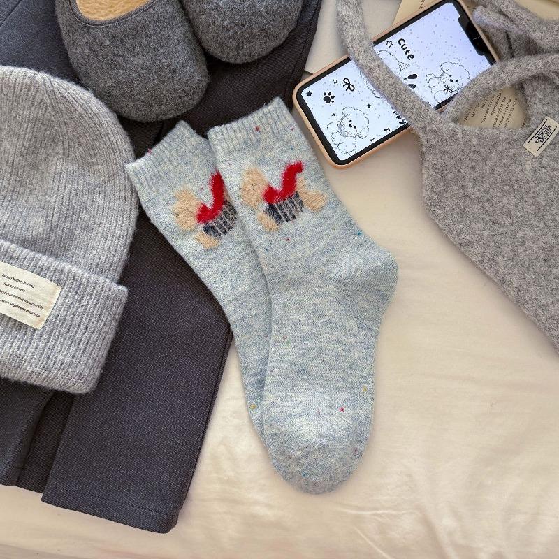 Thick and Warm Women's Socks Featuring Cartoon Dogs. Winter and Autumn Style. Wool with Yarn Dots. Mid-calf Length Socks.