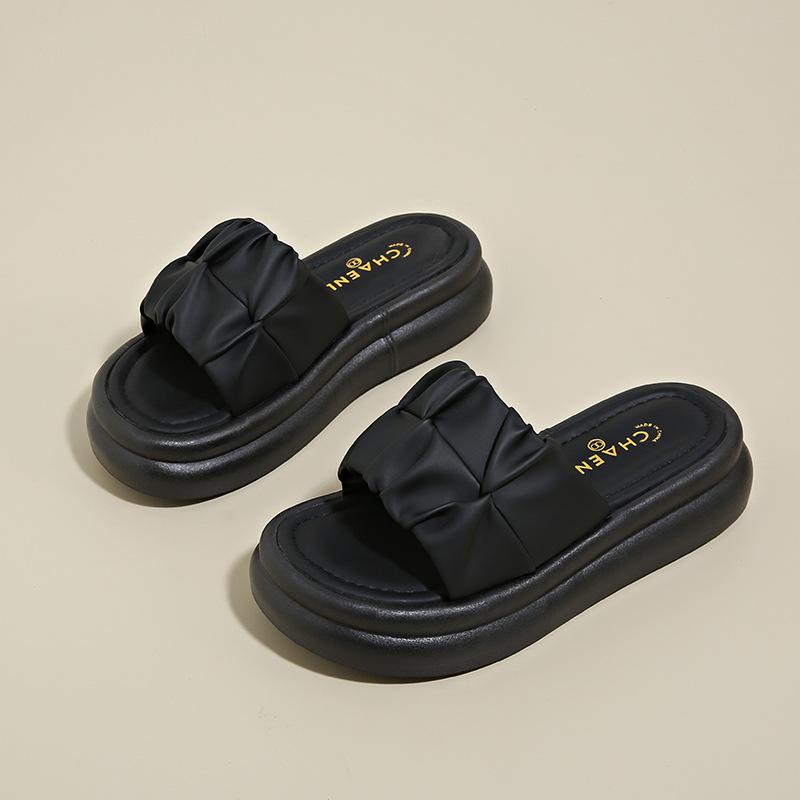 Women's Ruched Platform Slide Sandals Thick Sole Non-Slip Casual Slippers for Summer & Beach