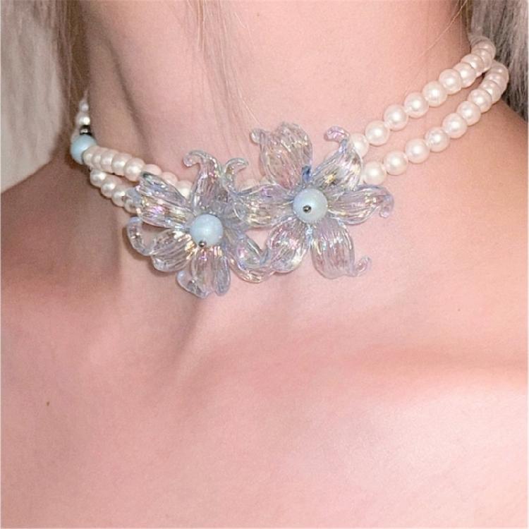 Layering Flower Design Neck Chain Necklace with Simulated Pearls Detailing Versatile Jewelry Piece Clavicle Chain
