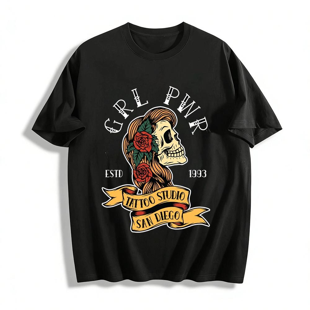 Vintage Skull Rose Print Tee San Diego Tattoo Studio Themed Top Pure cotton T-shirt XXS