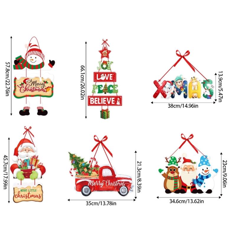6 Set of Assorted Paper Christmas Door Hanging Decorations with Hanging Ribbons and Santa, Truck, Holiday Characters, and Sign Motifs