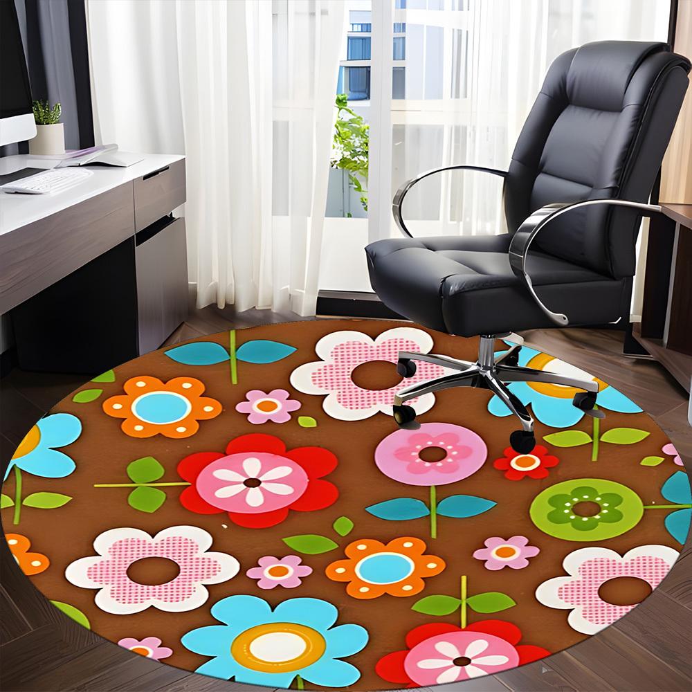 1pc Floral Pattern Chair Carpet for Office, Round Polyester Mat, Indoor Decor for Office, Easycare Fabric, Washable Non-slip Area Carpet