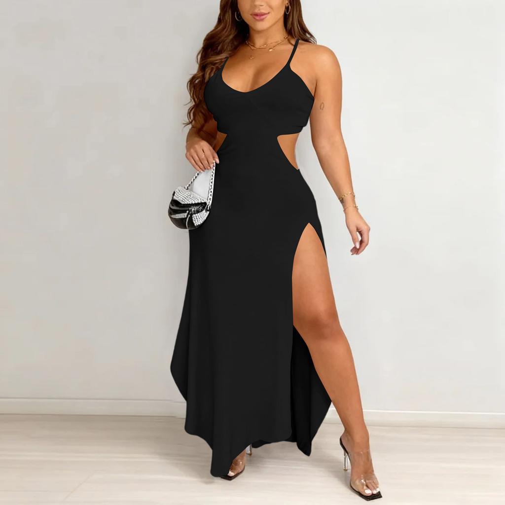 Women's Fashionable V-neck Hollow-out Design Back Strap Hlter Dress With Irregular Shape