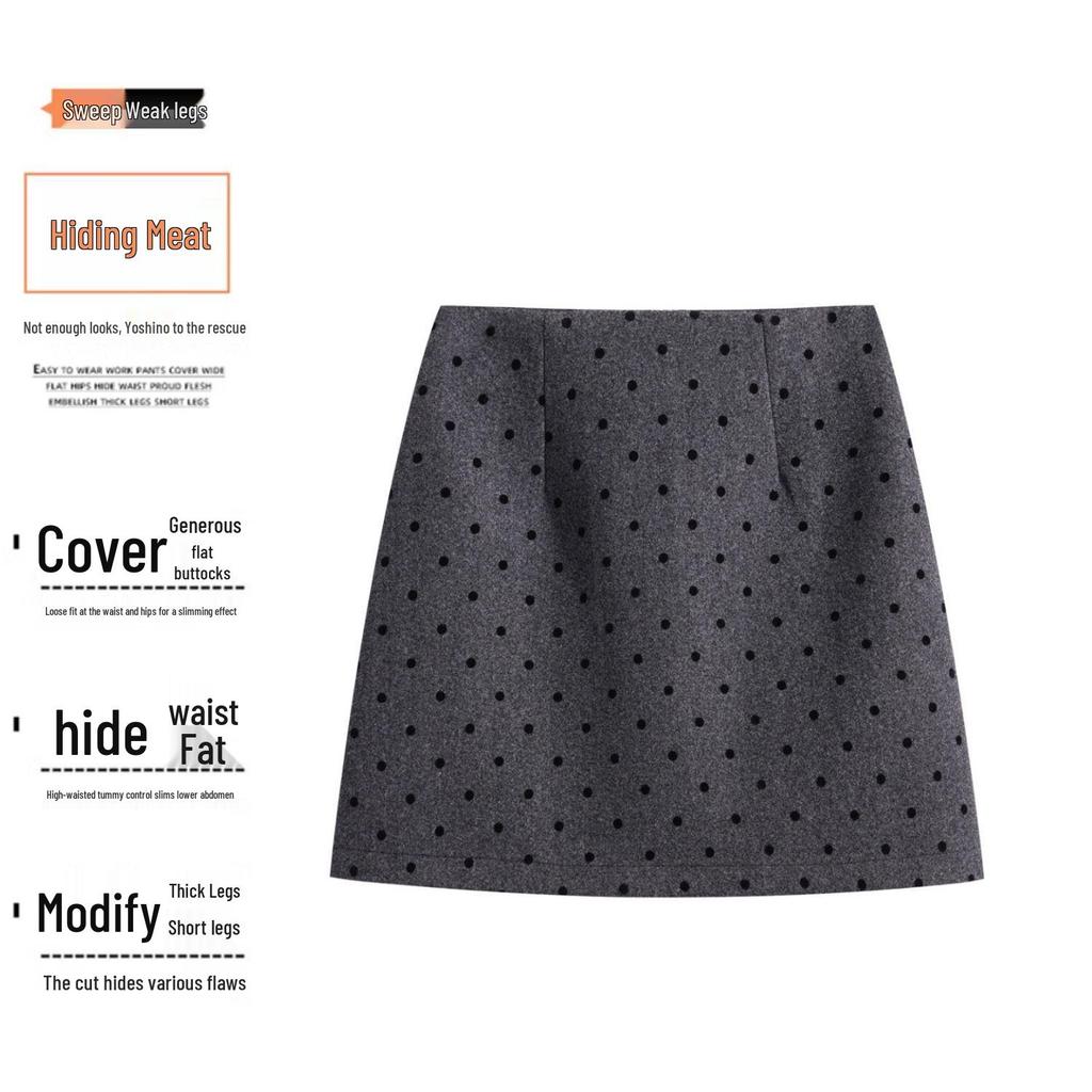 Gray Polka Dot High-Waist Wool A-line Mini Skirt for Women, Slightly Plus-Size MM, Spring/Autumn Style, Thickened Bodycon.