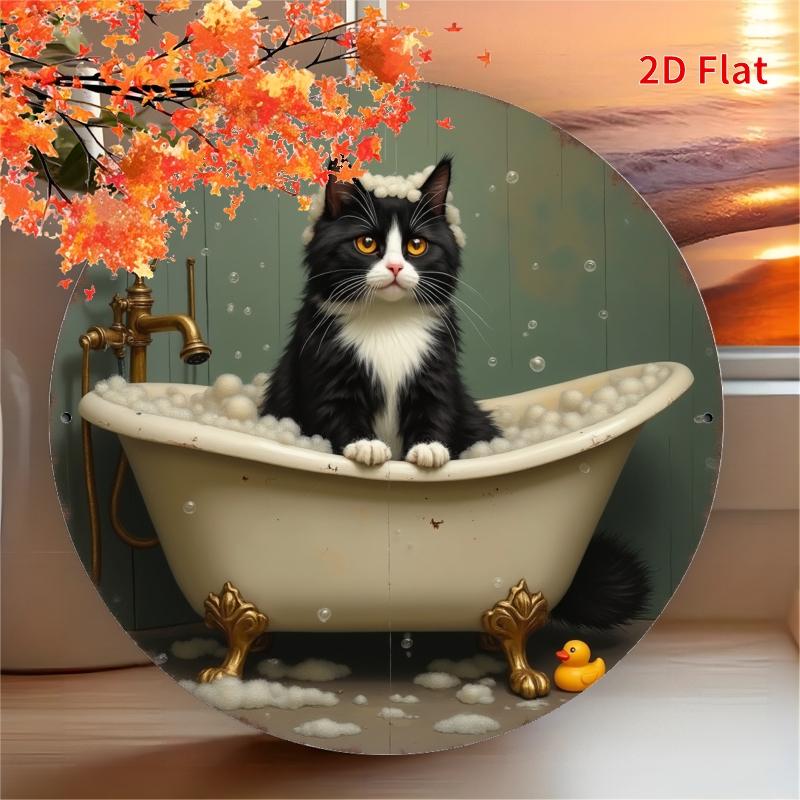 HD Tin Sign Tuxedo Cat In Bathtub Round Metal Wall Art Funny Bathroom Decor
