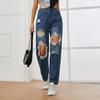 Europäisch-Amerikanische Damen High-Waist Straight Leg Ripped Jeans