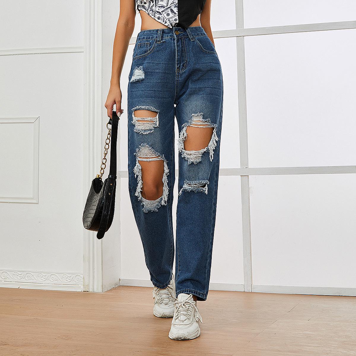 Европейско-американские женские прямые рваные джинсы с высокой талией Double Extra Large темно-синий