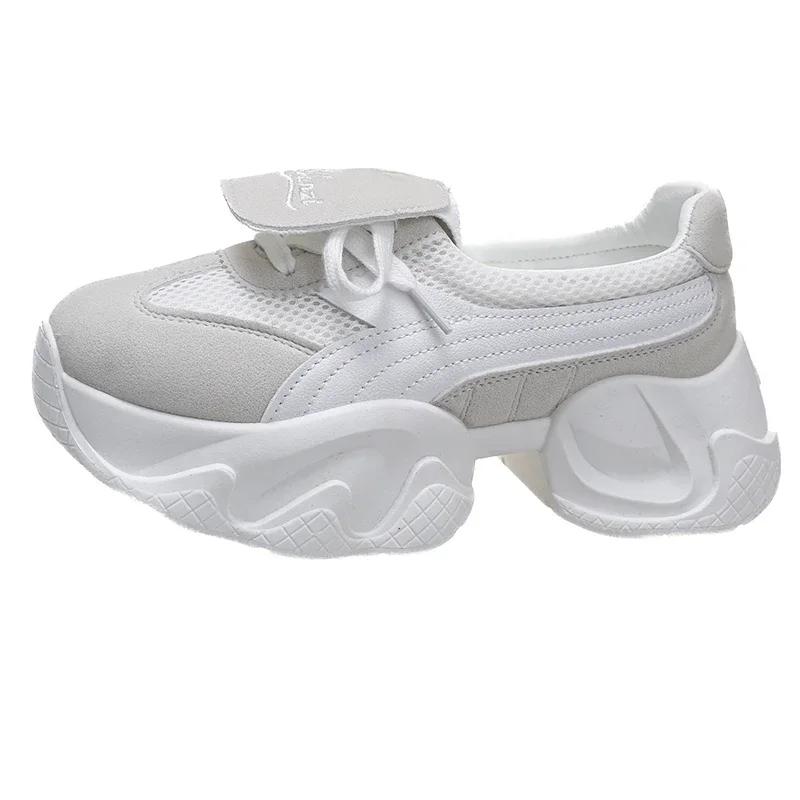 NEW Mid Heel Pumps Women's Mesh Shoes Comfy High Brand Genuine Leather Summer Lace Up Chunky Sneaker Casual Shoes