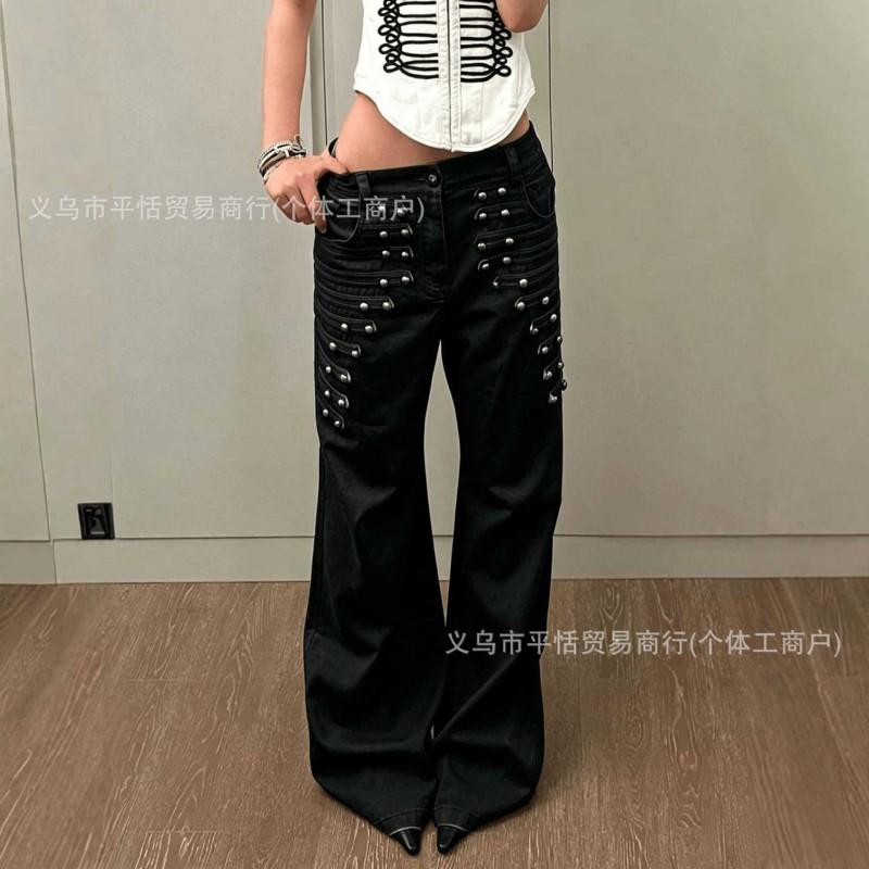 Y2K Metal Buckle Denim Pants Women Streetwear Retro Wide Leg Straight Cut Jeans High Waist Loose Fit
