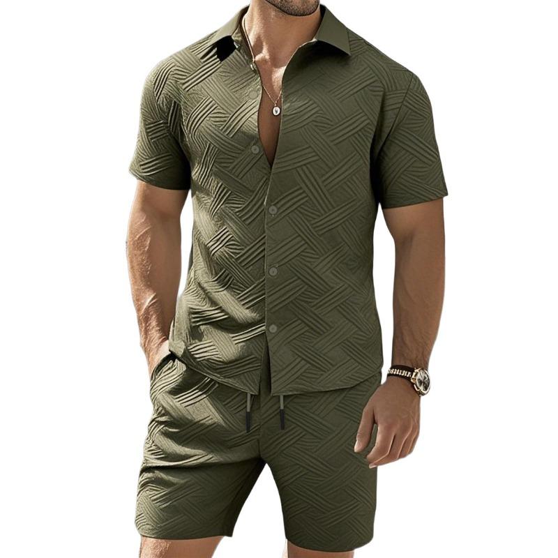 Mens Casual Two Piece Outfit Textured Short Sleeve Shirt And Shorts Set