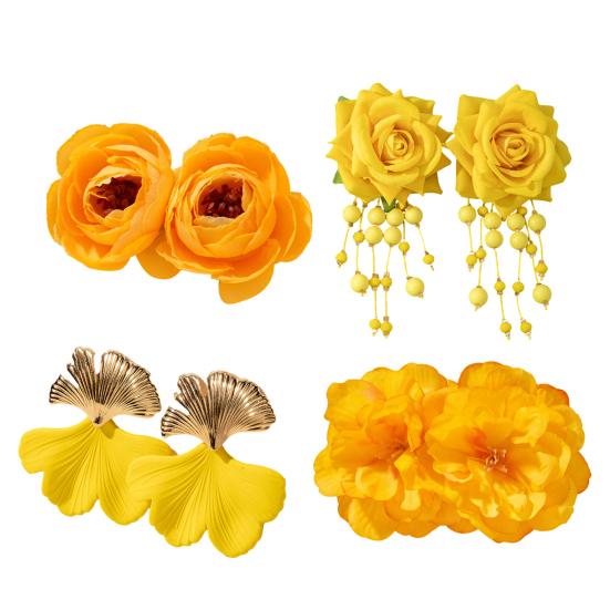 Women Boho Flower Earrings Lightweight Fabric Yellow Flower Ear Studs Holiday Earrings for Parties Beach Summer Vacation