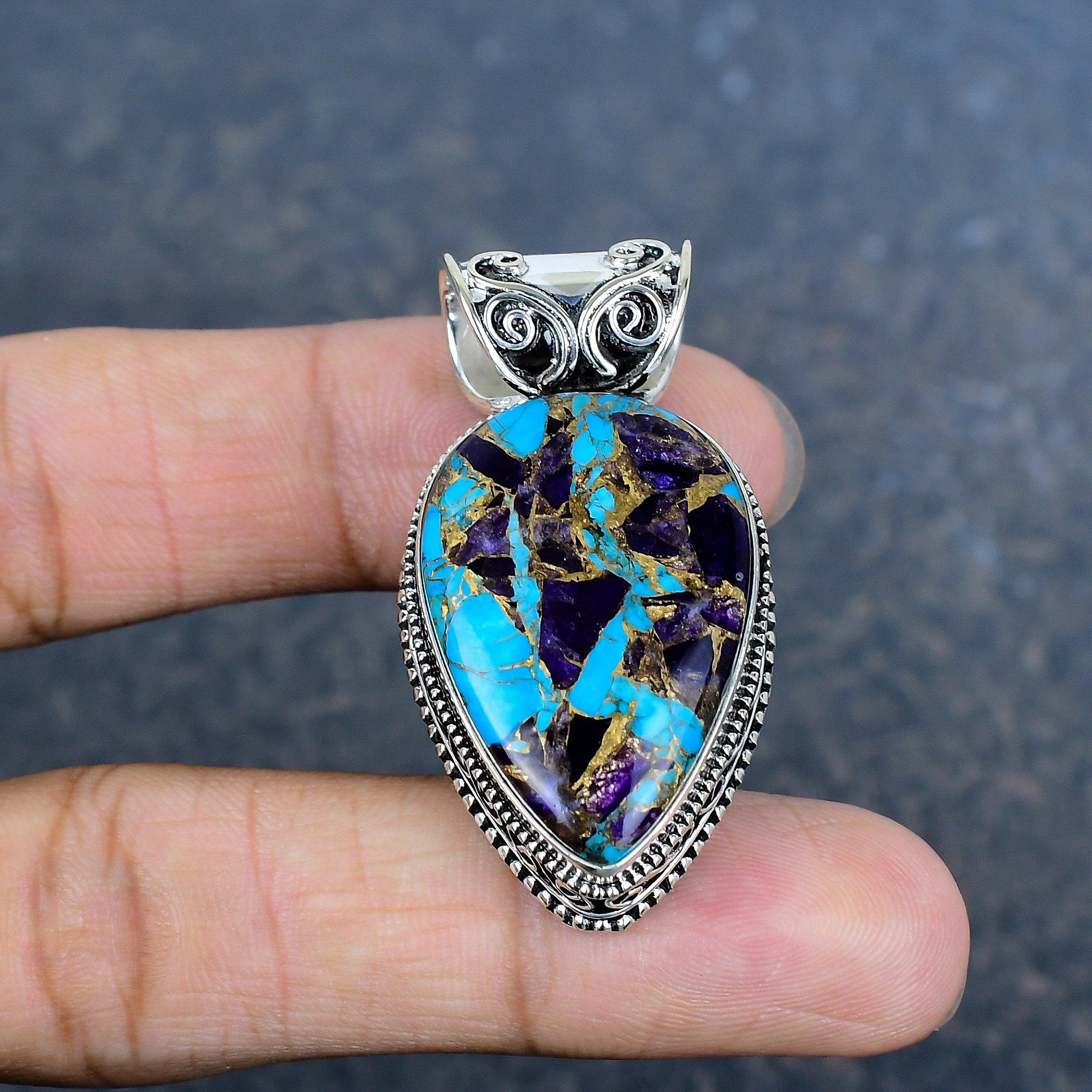 

Медный Аметист Бирюза Кулон из драгоценных камней ручной работы, Кулон из стерлингового серебра 925 пробы, Антикварные украшения, Для Дня памяти 1.77 Inches