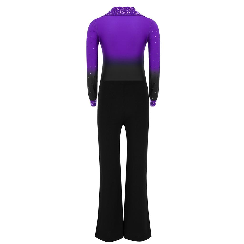 Conjunto de Leotard de Dança Brilhante com Strass, Gola Reversível, Manga Longa e Calça com Cós Elástico para Meninos