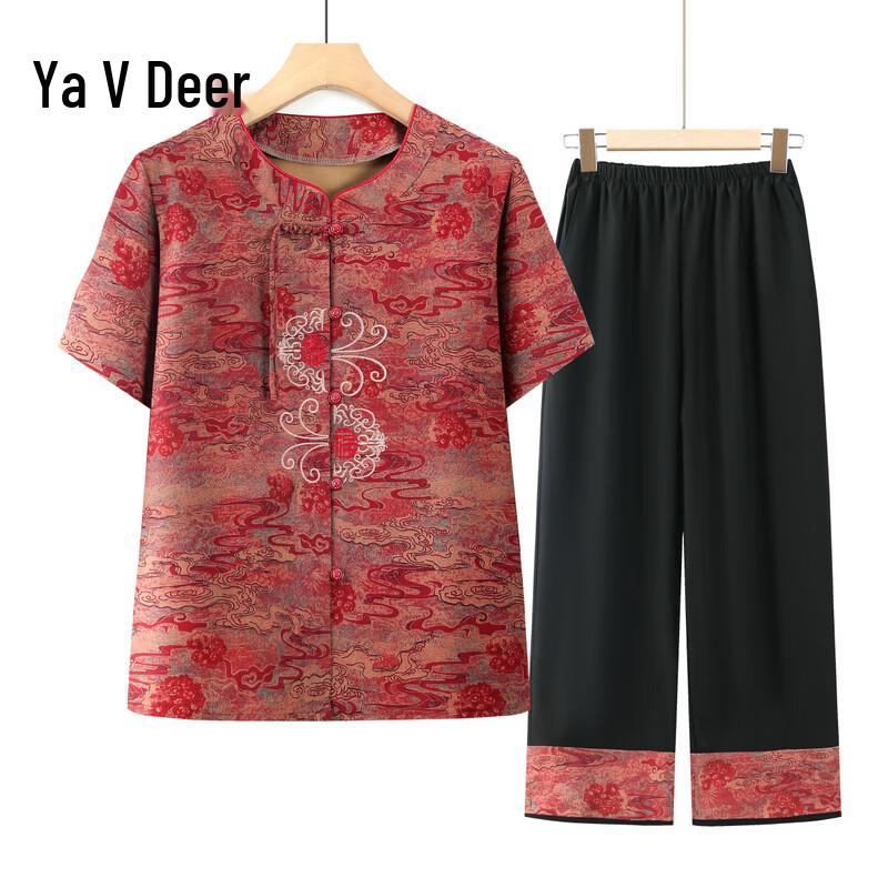 Yalu Chinese Style Summer Short-Sleeved Top & Pants Set for Elderly Women 2XL