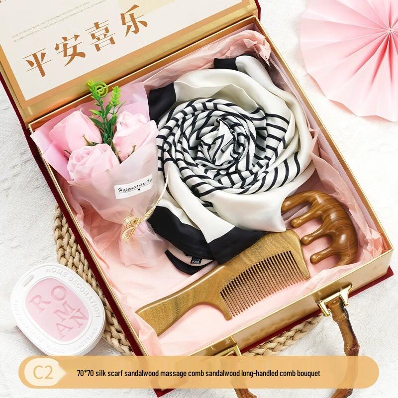Women's Day Gift Set: Scarf, Sandalwood Combs & Bouquet