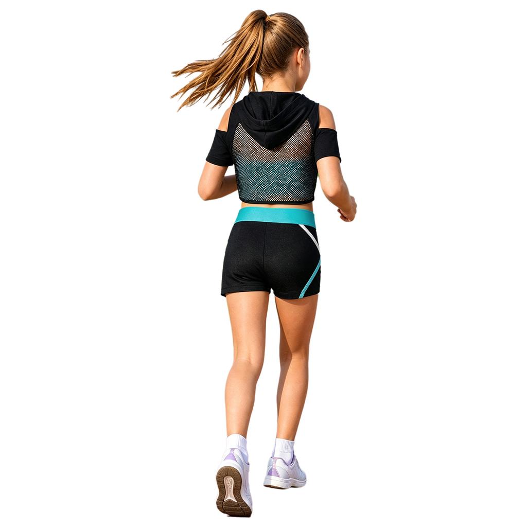 Kids Girls 3 Piece Sport Set Spaghetti Strap Vest Cold Shoulder Mesh Crop Hoodie with V Front Waist Shorts for Dance Gym Training