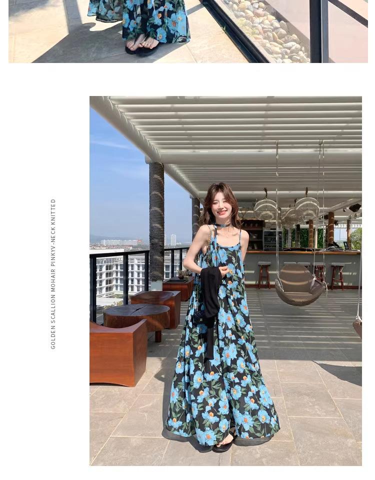 Blue Floral Strappy Chiffon Dress - Women's 2026 Summer Elegant Beach Style