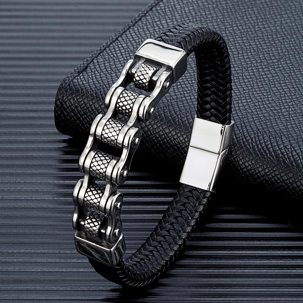 Punk Men Biker Chain Braided Genuine Leather Bracelet Stainless Steel Magnetic Buckle Bracelet Gifts Homme Pulseras