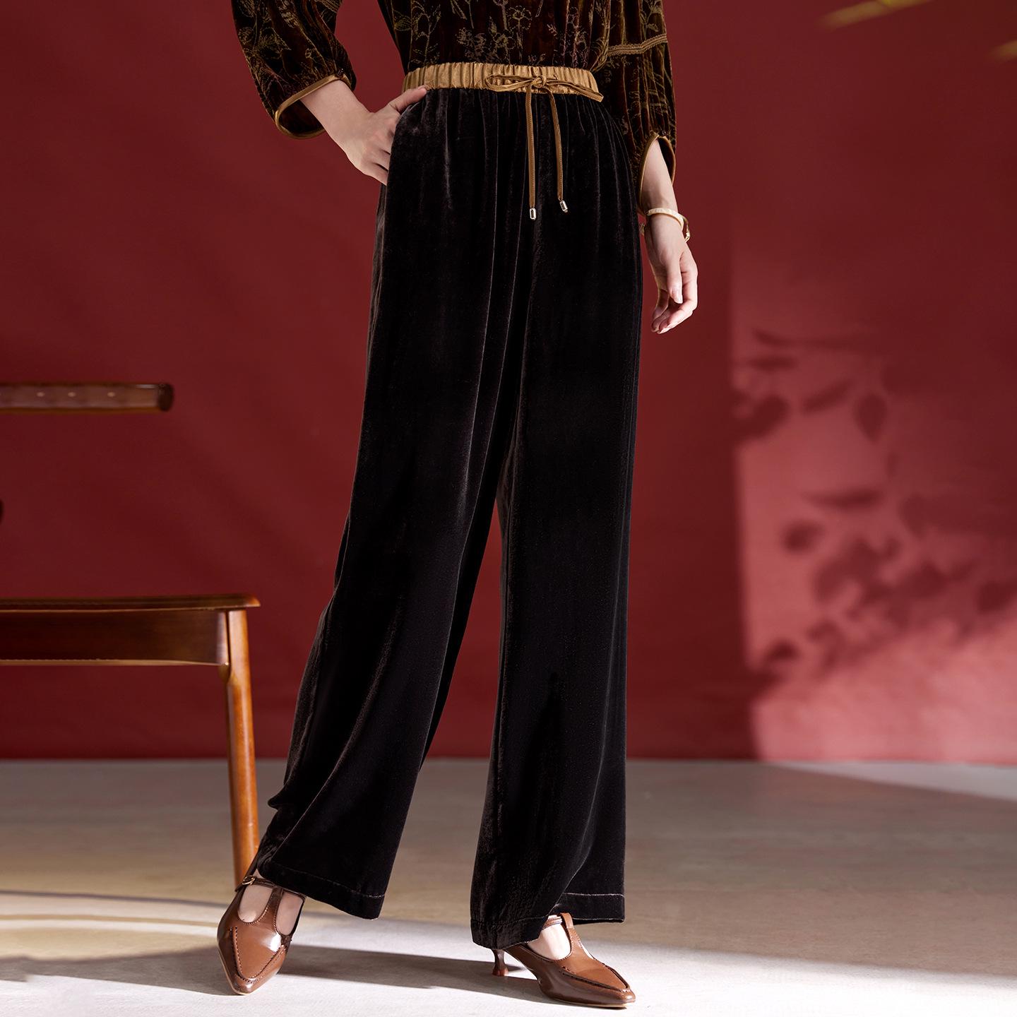 

Women s High-End Silk Velvet Wide-Leg Pants - 2025 Autumn/Winter Collection, Loose Fit, Long, Casual, Perfect for Middle-Aged Moms XXL темный кофе