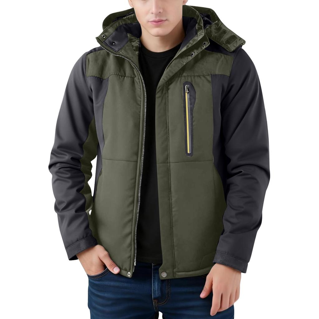 Unisex Colorblock Zipper Pocket Hooded Jacket Men's Casual Plush Jacket