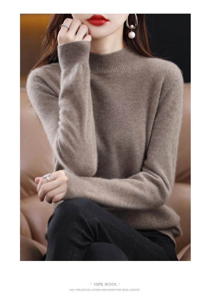 Women's Cashmere Knit Sweater - 2023 Autumn/Winter, Half-High Neck, Slimming Fit, Solid Color Pullover