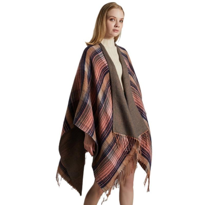 Scottish Classic Plaid Tassel Thick Warm Split Shawl Cape