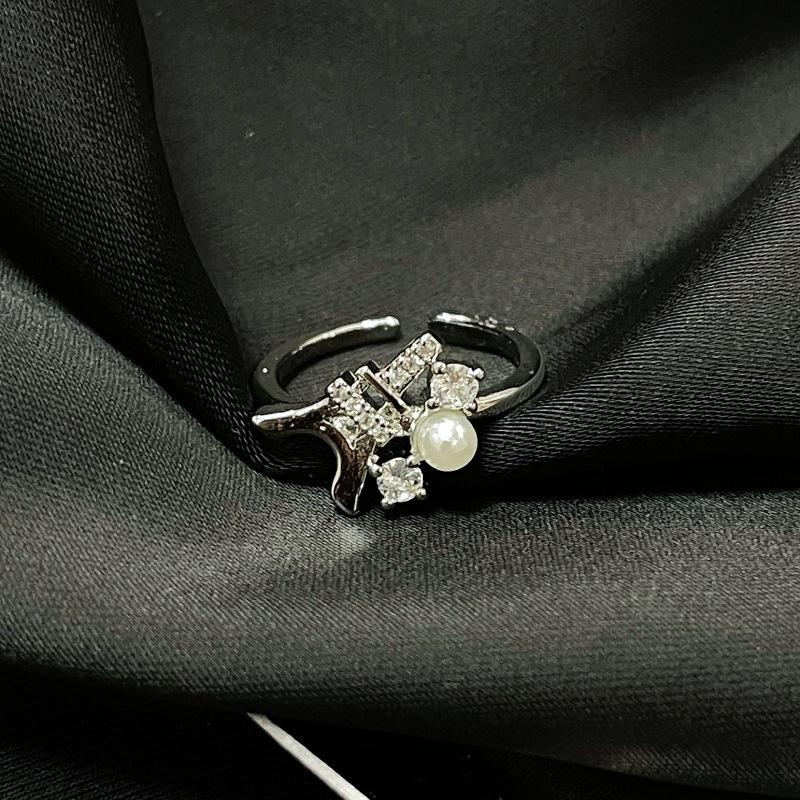 Full Diamond Zircon Bow Pearl Open Ring Stacked With French High-End Niche Design Cold Wind Ring No specifications