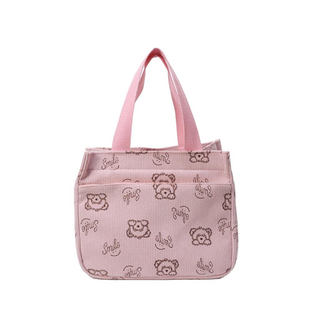 Durable Corduroy Tote Bag Cartoon Bear Large Capacity Lunch Bag Food Bag Travel