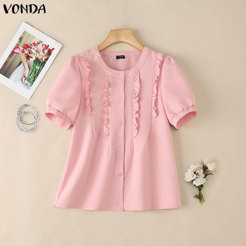 VONDA Women Casual O Neck Solid Color Summer Short Sleeve Blouse Tops