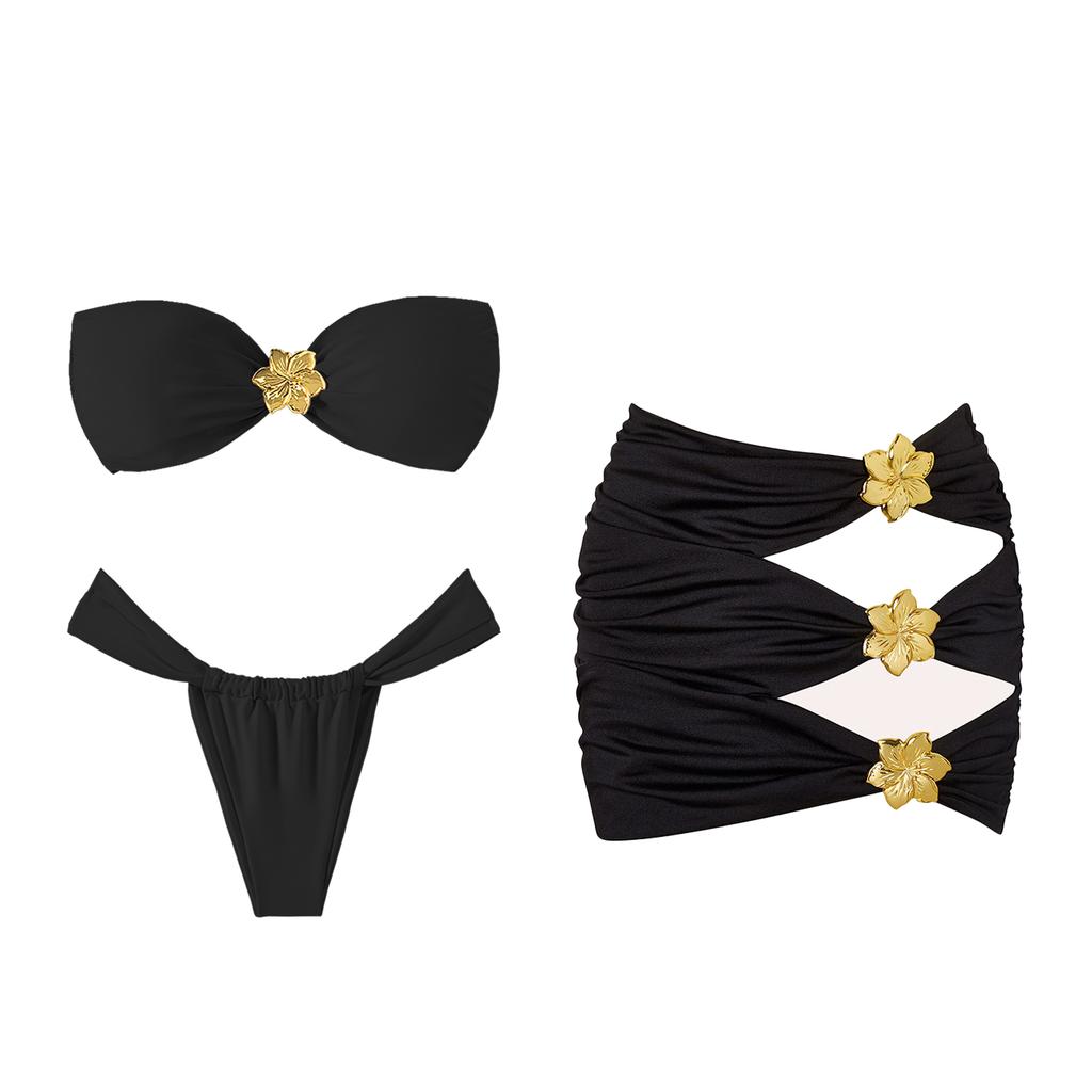 3 Piece Bandage Bikini Swimsuit With Beach Skirt 3D Flower Swimwear Swimsuits Bathing Suits Sarongs Print Beachwear Biquini
