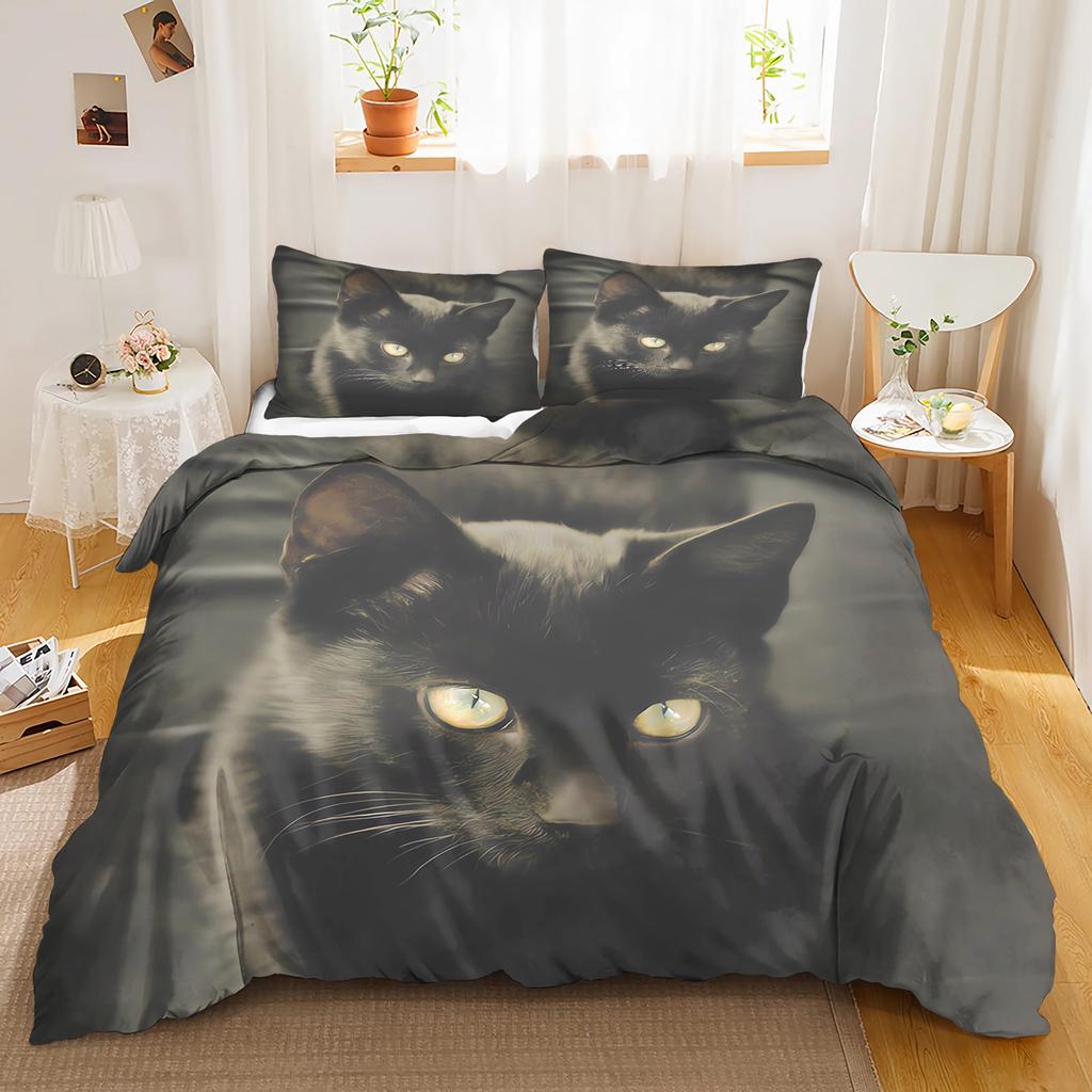 Cat, Animal Bedding Set black Anime 100% Polyester Duvet Cover Set Printed Cartoon Home Decor