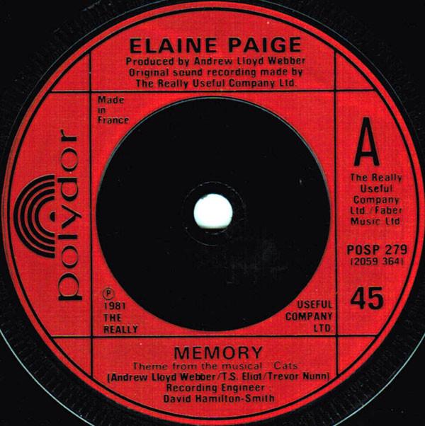 

7inch Record ELAINE PAIGE - Memory POSP279 Polydor 1981 UK Pop Used