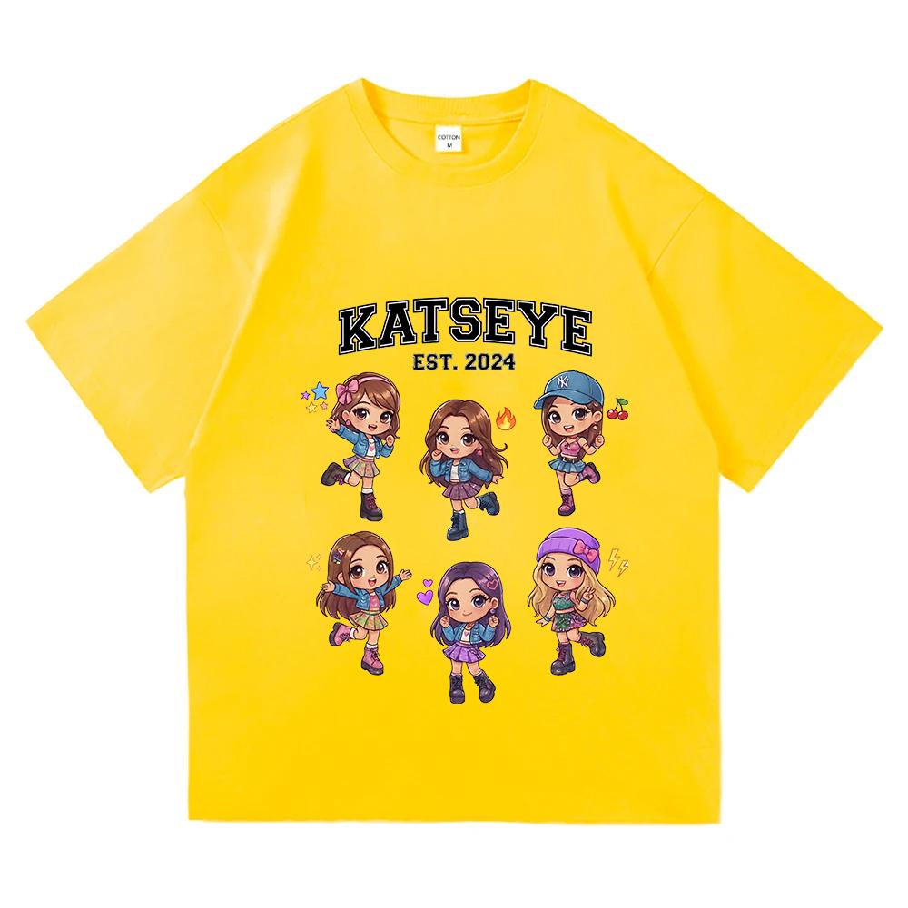Korean Girls Band KATSEYE Print T-shirt Cotton Short Sleeve Loose Female Tshirts Unisex Streetwear Casual Women Men T Shirt Tees