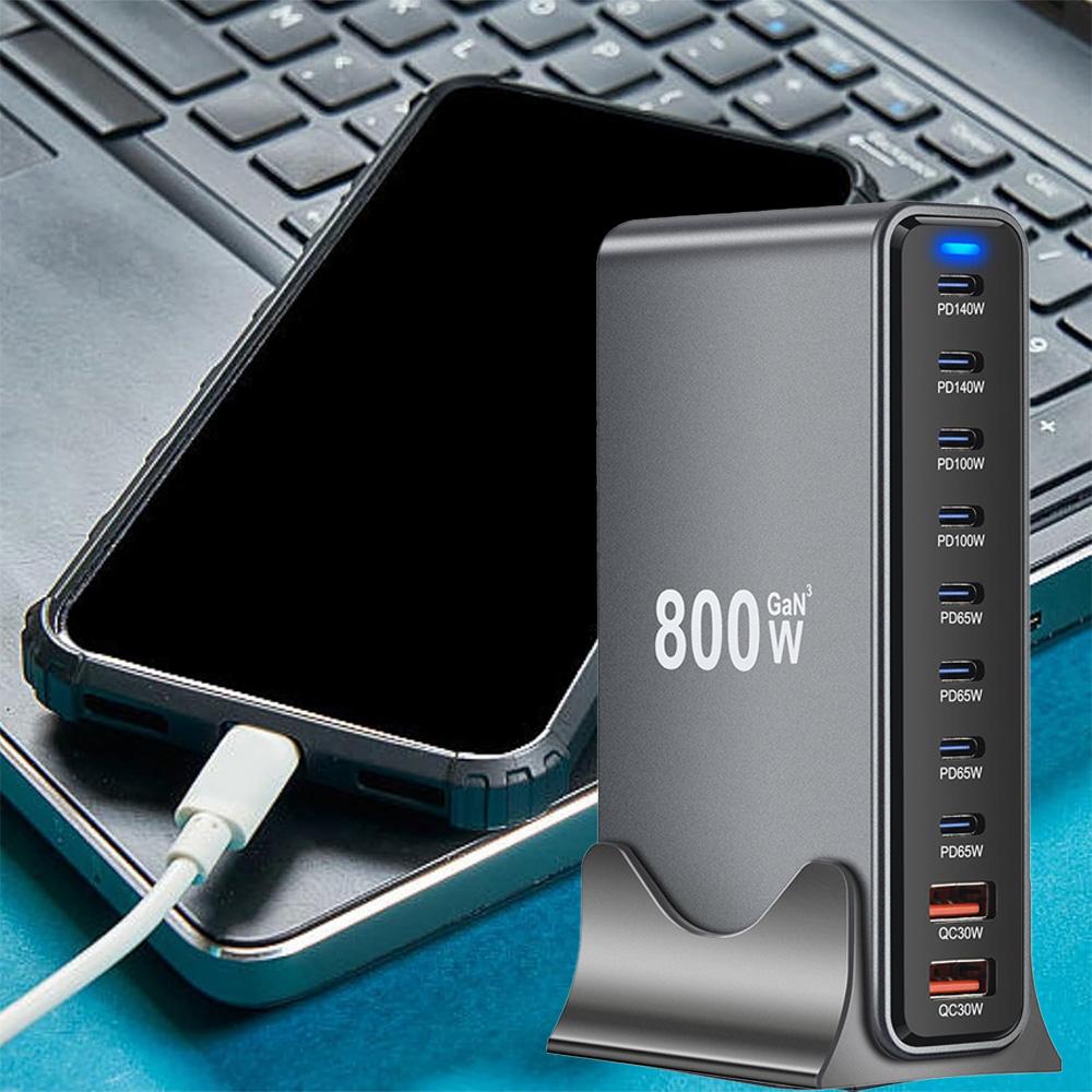 New Desktop Fast Charger Station 800W GaN USB-C PD 10-Port Charger Dual 140W PD3.1 Fast Charging Adapters for Mobile & Tablets