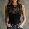 European and American Temperament Mesh Pile Collar Sleeveless Women's Summer Asymmetrical Design Niche Top