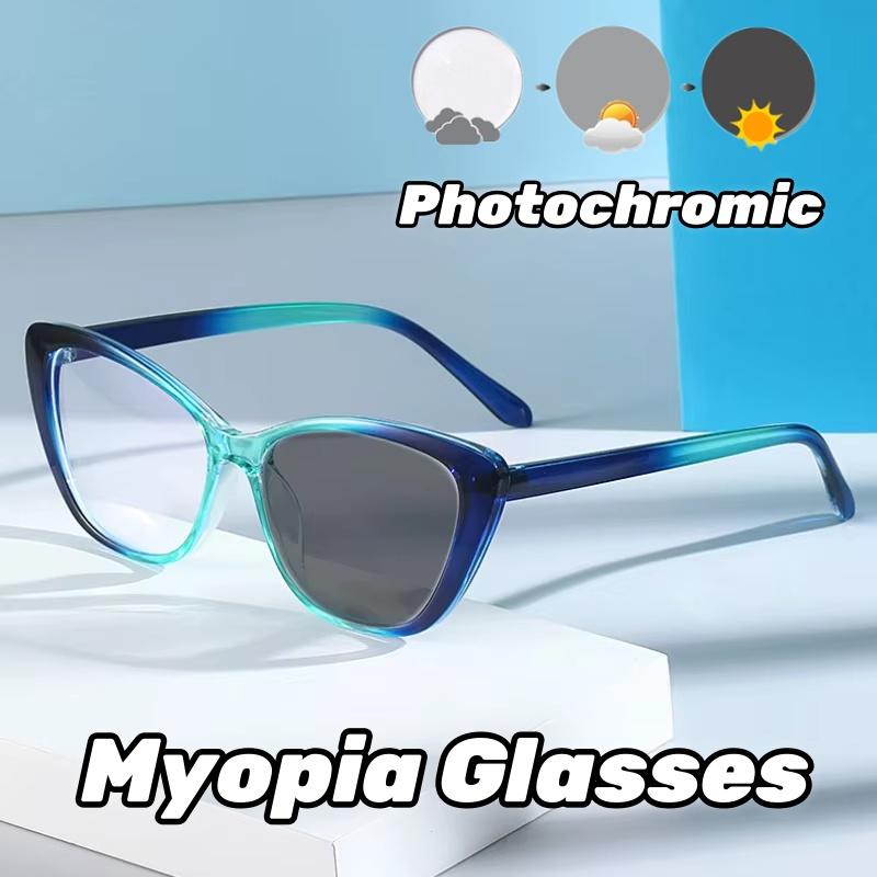 Euro-American Cat-Eye Frame Design Color Changing Myopia Eyewear Blue Light Blocking Butterfly Frame Design Light Adaptive Myopia Eyewear