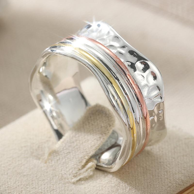 Minimalistischer Handgeschnitzter Ring mit breiter Fassung für Damen, Dreifarbiges Metall, Geometrisch, Tägliches Tragen, Party-Schmuck, Jubiläumsgeschenk 8 gray