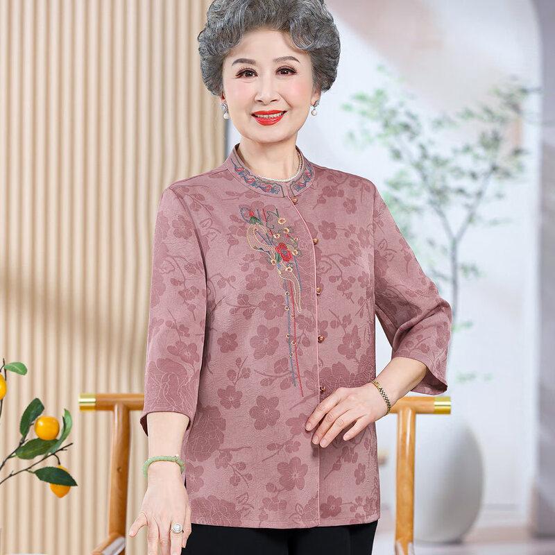 Elderly Women's Embroidered Seven-Quarter Sleeve Summer Shirt
