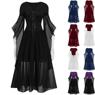 Women Casual Plus Size Cold Shoulder Dress Solid Color Lace Butterfly Sleeve Halloween Gothic Dress