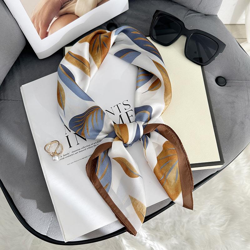 

Трендовое креативное сочетание цветов, шелковый платок с принтом листьев, женский омолаживающий квадратный платок из искусственного шелка 70 см, высококлассный праздничный подарок 70*70