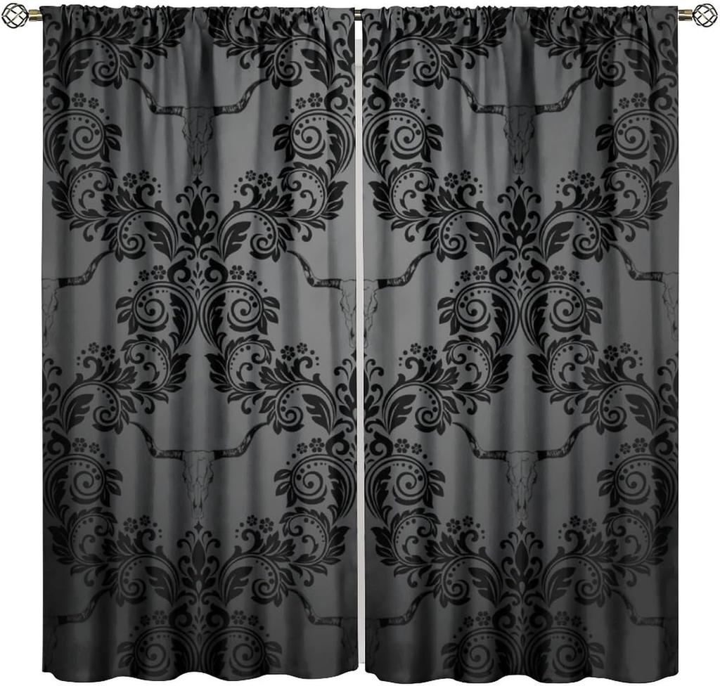 Gothic Black Damask Curtain Vintage Floral Exotic Suger Skull Window Treatments Bedroom Bone Skeleton Antique Bohemian Polyester Washable Ready