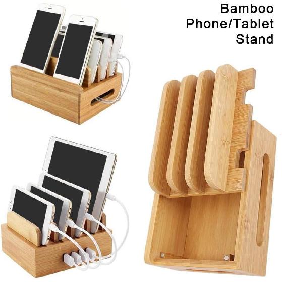 Oumefar Bamboo Multi-Device Stand Holder Charging Station Phone Tablet Charger Organizer 4 in 1 Charging Station for Multiple Devices for Meeting