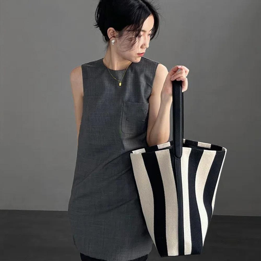 Drawstring Black White Stripe Bag Pattern Wide Straps Bucket Bag Stripe Canvas Handbag Autumn