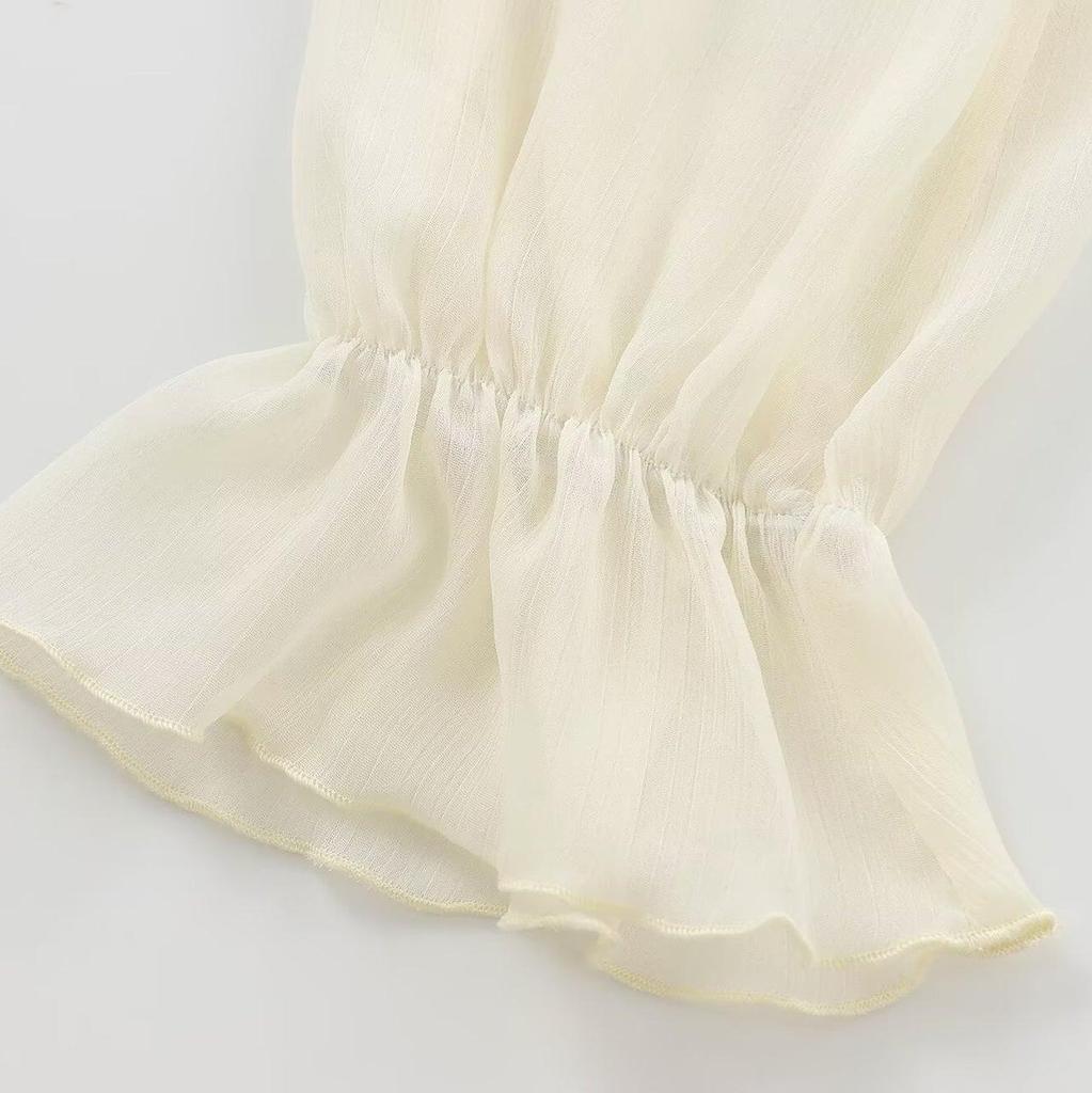 Women's White Ruffled Semi-Transparent Round Neck Tie Long Sleeve Layered Shirt - New French Autumn Design
