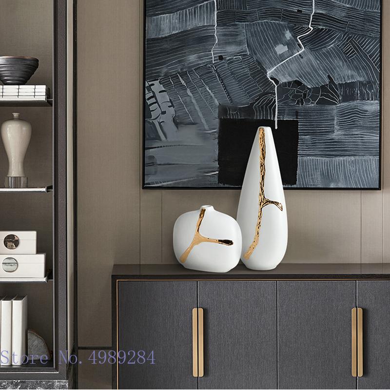 Vază Albă din Ceramică Creativă Ramuri Aurii Aranjament Floral Hidroponică Decorațiune Modernă pentru Casă Vază cu Flori pentru Nuntă
